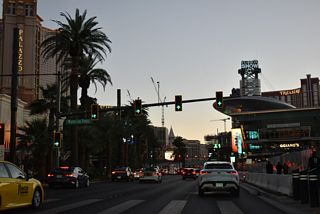 Fashion Show Mall comes into view on the west side of Las Vegas Boulevard across the seven lane arterial from the Wynn Las Vegas resort.