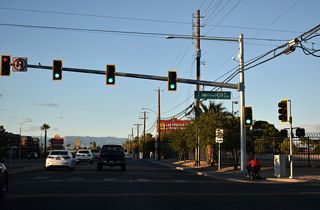 Nellis Boulevard intersects Flamingo Road to the immediate north of Boulder Highway adjacent to Sam's Town casino. Flamingo Road is SR 592 west from SR 582 (Boulder Highway).