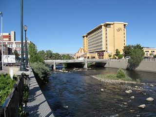 This view looks east from the U.S. 395 Business (SR 430) / Virginia Street bridge to the Center Street bridge over the Truckee River in downtown Reno.