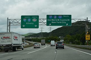 I-87 follows the New York State Thruway north to the Capital District. NY 17 parallels the thruway north to Harriman and Woodbury.