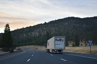 Interstate 5 turns northwest between Sexton Mountain and Hugo.