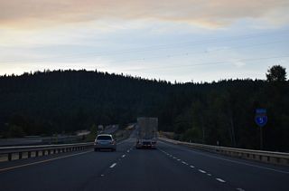 Interstate 5 north crosses Grave Creek and Leland Road beyond this confirming marker.