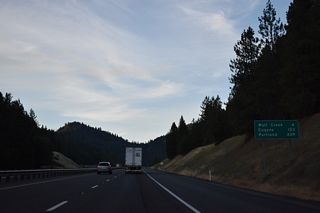 Eugene replaces Roseburg on the distance sign posted north of Sunny Valley. The home of the University of Oregon is 123 miles away via I-5 and OR 99.
