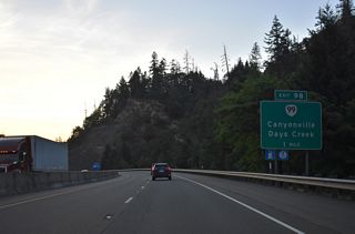 One mile in length, an unsigned section of OR 99 loops east from Interstate 5 through Canyonville between Exits 98 and 99.
