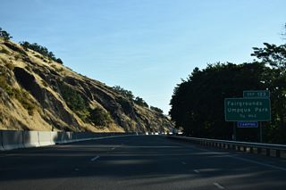 The diamond interchange (Exit 123) with Portland Avenue serves the adjacent Douglas County Fairgrounds and Umpqua Park between Interstate 5 and the South Umpqua River.