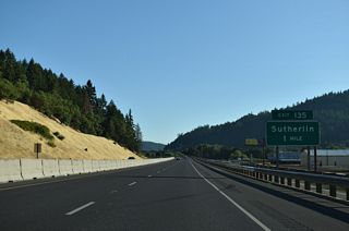 The first of two for the city of Sutherlin, Exit 135 links I-5/OR 138 with an access road to Comstock Road and OR 99 (Oakland-Shady Highway). Founded in 1911, Sutherlin lies 518 feet above sea level and was home to 8,524 as of the 2020 Census.