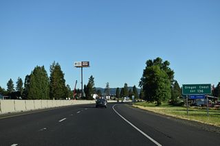 A tourist information center is located near the parclo interchange (Exit 136) joining I-5, OR 138 (Elkton-Sutherlin Highway) and Central Avenue. The Umpqua River Oregon Scenic Byway extends west along OR 38 over the Coast Ranges to U.S. 101 at Reedsport along the Oregon coast.