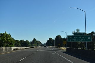 Dorena Lake is east of Cottage Grove along the Row River and Row River Road. The Cottage Grove Connector is a limited access road joining Exit 174 with OR 99 (Pacific Highway), 0.64 miles to the west.