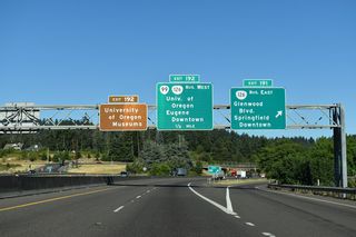 OR 126 Business (Franklin Boulevard) continues west from Glenwood and Glenwood Boulevard below the Whilamut Passage Bridge along Interstate 5. The state route combines with OR 99 west to the Eugene city center.
