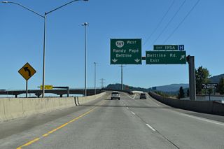 Eugene Airport (EUG) lies 9.7 miles northwest of the flyover (Exit 195 A) for OR 569 west. OR 569 encircles Eugene west to OR 126 (W 11th Avenue).