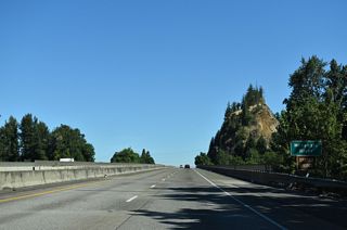 Interstate 5 crosses the Spores Bridge over the McKenzie River. The bridge is named for Jacob Spores, one of the original settlers of Coburg.