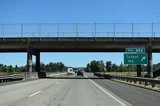 Talbot Road heads west from the freeway to unincorporated Tablot and Buena Vista Road and the Buena Vista Ferry. The ferry crosses the Willamette River just north of its confluence with the Santiam River.