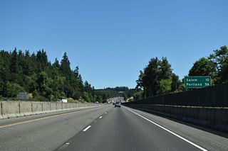 Interstate 5 expands to six overall lanes heading north to the capital city of Salem.