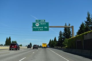 OR 99E branches northeast from Interstate 5 at upcoming Exit 258.