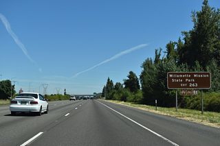 Willamette Mission State Park lies 5.7 miles to the northwest of the diamond interchange at Exit 263.