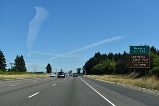 Also accessible from Exit 278 is another National Historic District, Champoeg State Park, located west of the freeway along the Willamette River. A French name, "Champoeg" is pronounced "sham-POO-ee".