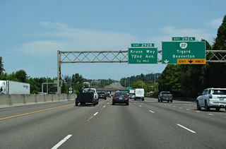 Succeeding lane drops occur at Exit 292 A for OR 217 to Tigard and Beaverton and at Exit 292 B for Kruse Way and 72nd Avenue.