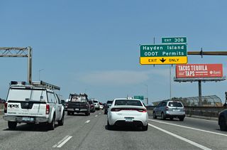 Interstate 5 spans North Portland Harbor north onto Hayden Island.