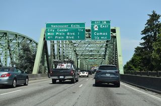Interstate 5 enters Vancouver, Washington along the east side of Downtown. Exit 1 A connects with the freeway along SR 14 paralleling the Columbia River east to I-205 and Camas.