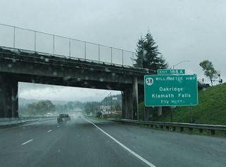 OR 58 (Willamette Highway) east begins from the trumpet interchange at Exit 188 in 1.5 miles. OR 58 connects the Interstate 5 corridor with the corridor along U.S. 97 east of Crescent Lake.