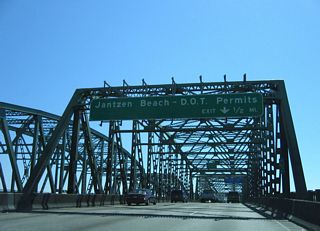 A folded diamond interchange (Exit 308) joins I-5 with Hayden Island Drive and Tomahawk Island Drive just beyond the south end of the Interstate Bridge on Hayden Island.