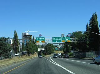 Prior to 2005, U.S. 26 continued east onto Market Street into the City Center. The route was relocated at that time onto a short overlap with I-405 (Stadium Freeway) south.