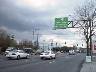 A ramp connects U.S. 26 (Powell Boulevard) east with SE 17th Avenue a quarter mile east of SE 11th Avenue. SE 17th Avenue extends south to OR 99E (McLoughlin Boulevard) ahead of the Westmoreland neighborhood.