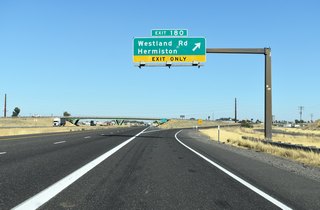 Westland Road follows a 3.8 mile course north from I-84 to Bridge Road before W Highland Avenue continues the local road east into Hermiston.