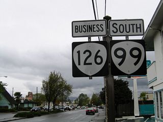 The previous reassurance markers for OR 99 south / OR 126 Business east between Ferry and Patterson Streets. Broadway changes to Franklin Boulevard in east Eugene at the University of Oregon campus en route to Interstate 5 south near the Judkins neighborhood.