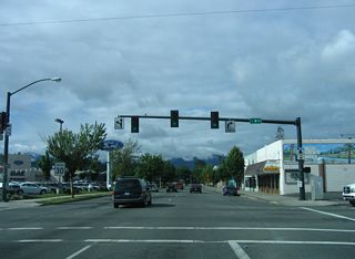M Street runs southeast from Bridge Street to an industrial area of east Grants Pass at U.S. 199 (Redwood Highway).