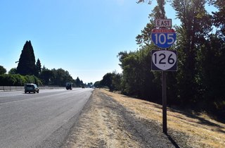 The only confirming marker for Interstate 105 east stands after the on-ramp from Exit 2 (Coburg Road).
