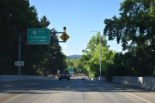Remaining traffic on the freeway defaults into the 7th Avenue intersection with Jefferson Street near the downtown mall.