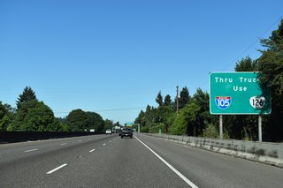 Commercial vehicles are directed to remain on Interstate 105 as the freeway serves as a local truck route through Eugene. 
