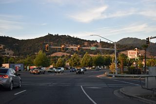 F Street continues southeast from U.S. 199 (Grants Pass Parkway) between big box retail and industrial areas along the Central Oregon &amp; Pacific Railroad.