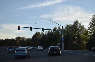 F Street leads west to Downtown Grants Pass. U.S. 199 used to follow F Street west to an overlap with OR 99 south on 6th Street.