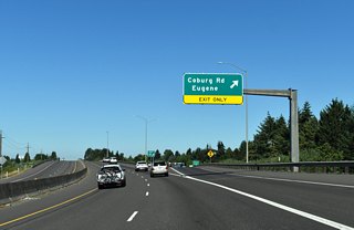 Coburg Road south meets I-105/OR 126 at Martin Luther King, Jr. Boulevard near Autzen Stadium, home of University of Oregon Ducks football.