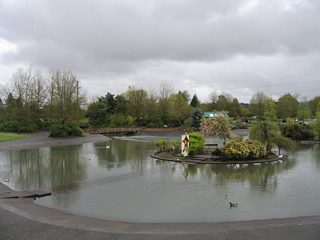 Two views of the water garden associated with the Q Street Canal and Alton Baker Park from the Willamette River pedestrian suspension bridge.
