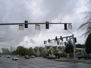 A view of the Coburg Road intersection with Martin Luther King Jr. Boulevard between Country Club Road and the Willamette River Bridge. The boulevard is discontinuous across Coburg Road. Martin Luther King Jr. Boulevard serves the Autzen Stadium area of east Eugene.