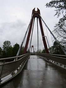Positioned just south of the Ferry Street Bridge is a pedestrian suspension bridge linking the north and south bank trails of the Willamette River.