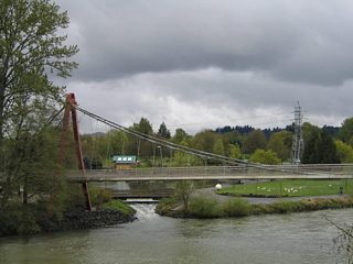 Two more views of the Willamette River pedestrian bridge as seen from the Ferry Street Bridge to the north. The scenic Alton Baker Park lies adjacent to the north end of the bridge. Waters from the Q Street Canal dump into the Willamette River next to the span.