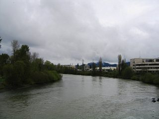 Views of the Willamette River and Ferry Street Bridge taken from the pedestrian suspension bridge at mid-span.