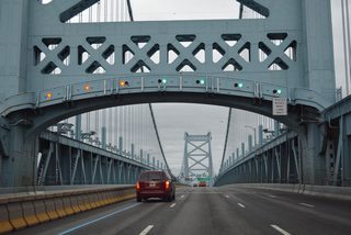 Motorists along I-676/U.S. 30 eastbound enter Camden County, New Jersey midway between the two towers.