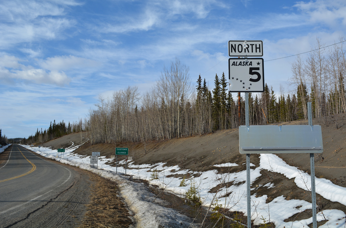 The first reassurance marker for Alaska State Route 5 north posted at Tetlin Junction.