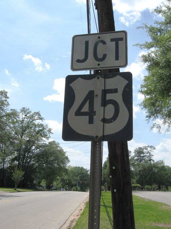 Older style U.S. 45 shield posted across from U.S. 45 and Mobile County 96 in Citronelle.