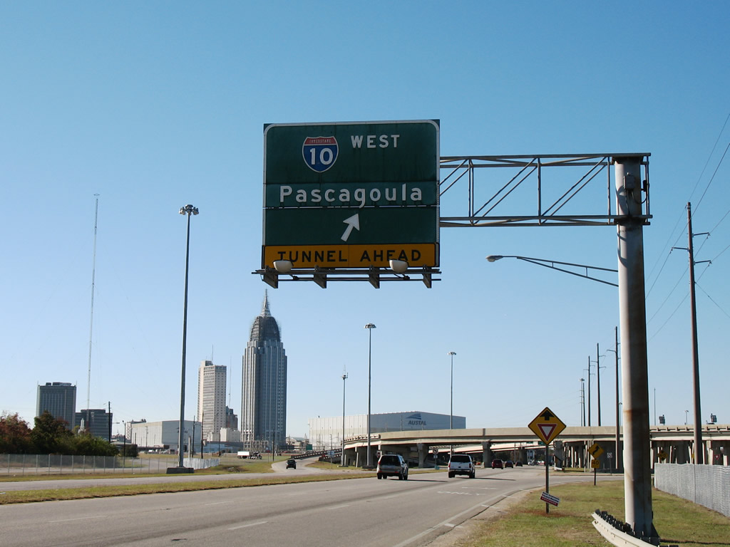 US 90/98 (Battleship Parkway) west at I-10 west (Exit 27). Sign replaced by May 2011.