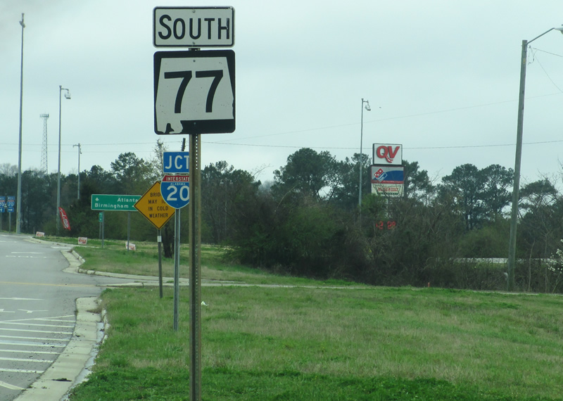 Southbound Alabama 77 reassurance marker near its junction with Interstate 20 near Lincoln.
