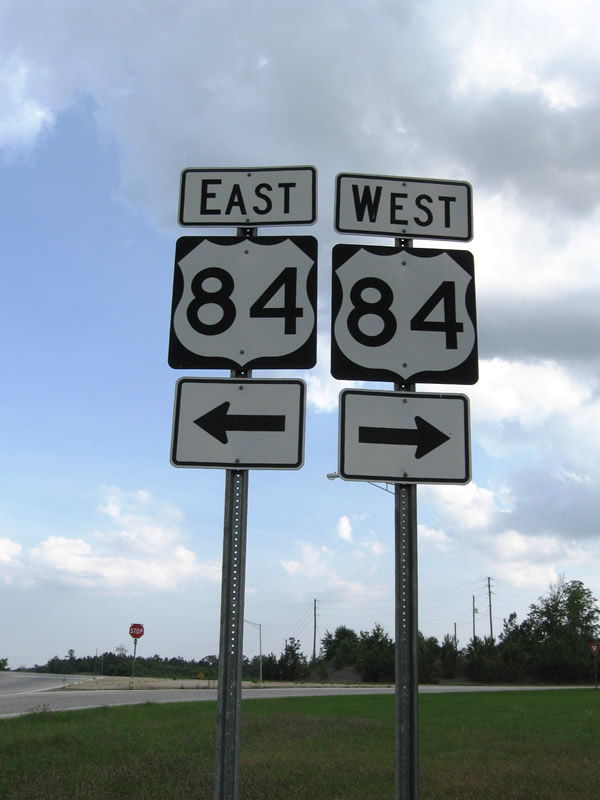 U.S. 84 shield assembly posted at the end of the southbound U.S. 45 off-ramp at Grove Hill.