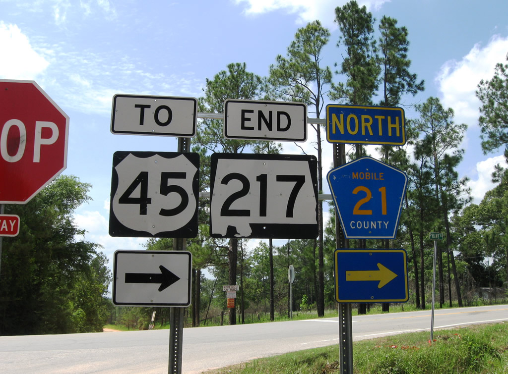 Northbound end shield assembly for Alabama 217 posted at Mobile County 21.