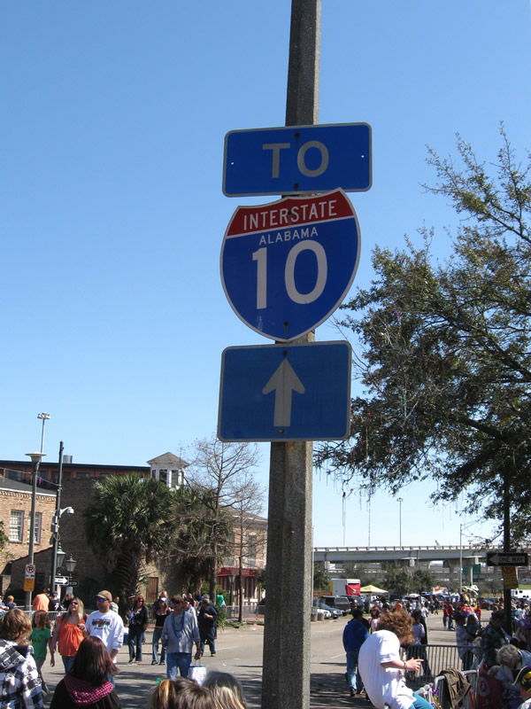 Interstate 10 Alabama shield posted along Clairborne Street south in Mobile.