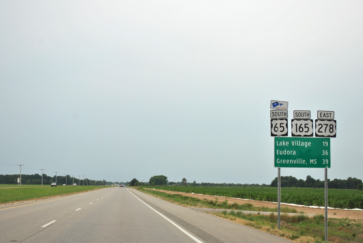 U.S. 65 & 165 south along with U.S. 278 east as they leave the town of McGehee toward Lake Village.